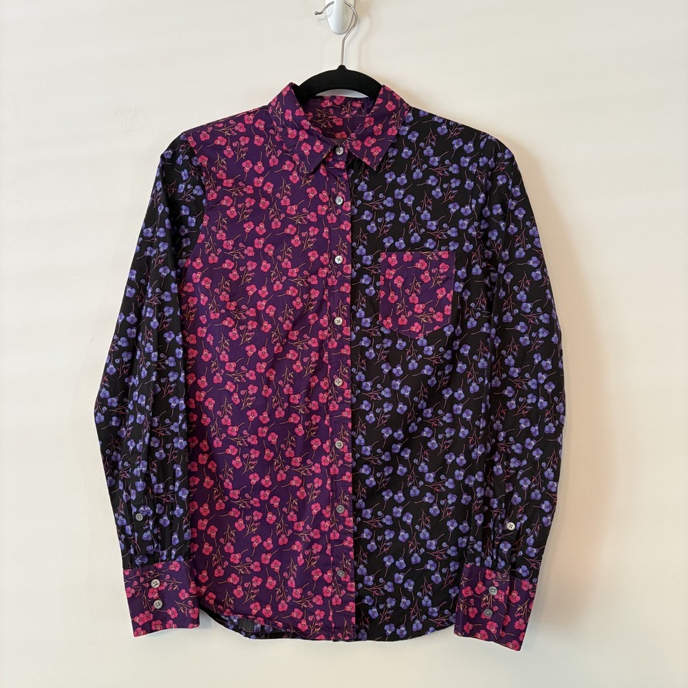 J Crew Liberty Mixed Floral Print Button Up Shirt Purple Size 2 Preppy Slim Fit